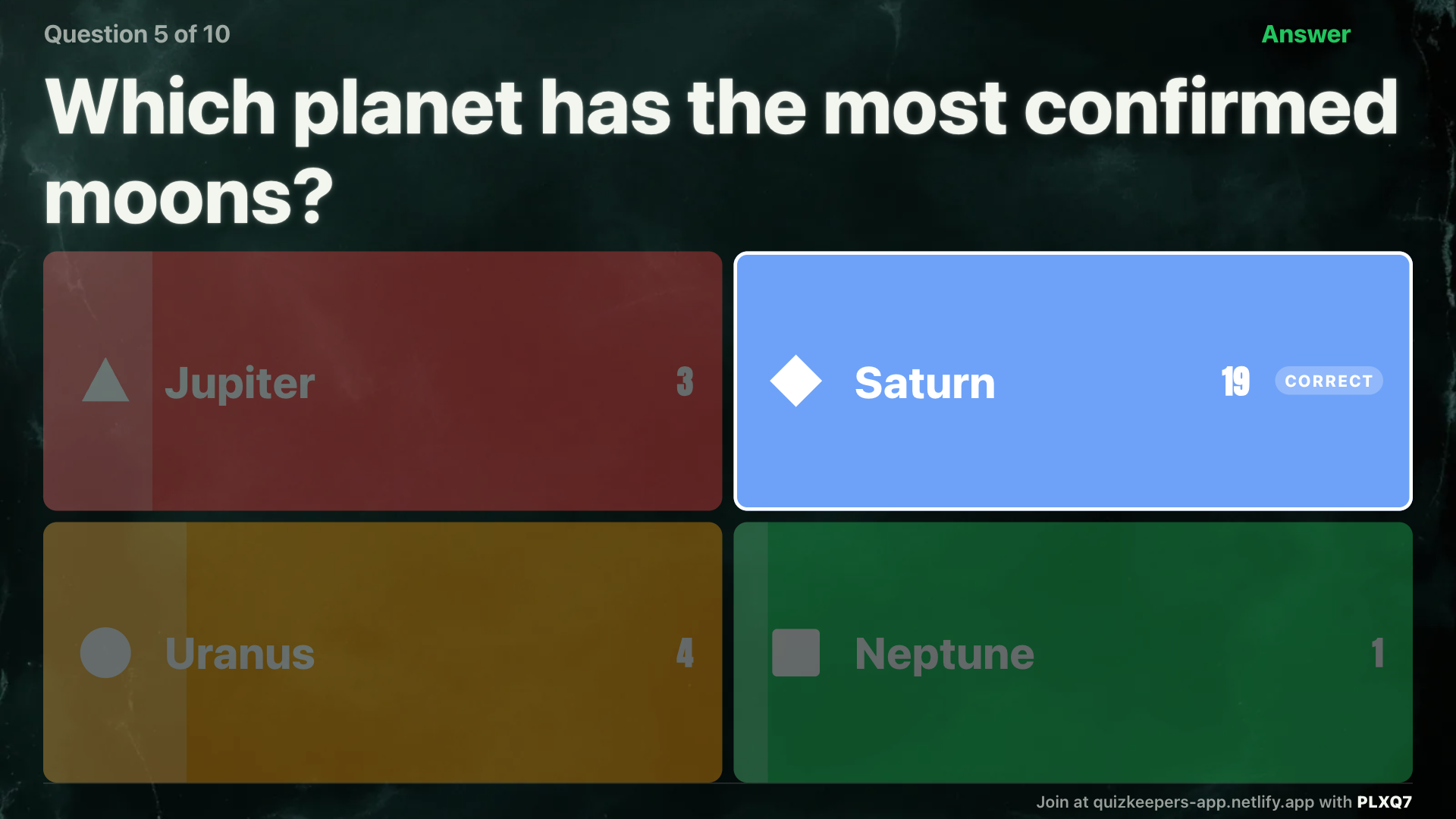 QuizKeepers reveal screen with answer bars and the correct tile highlighted
