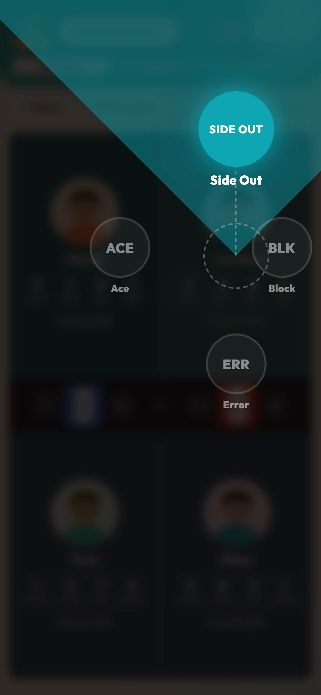 Radial flick wheel bloomed on a player tile, drag to ace, block, side-out, or error