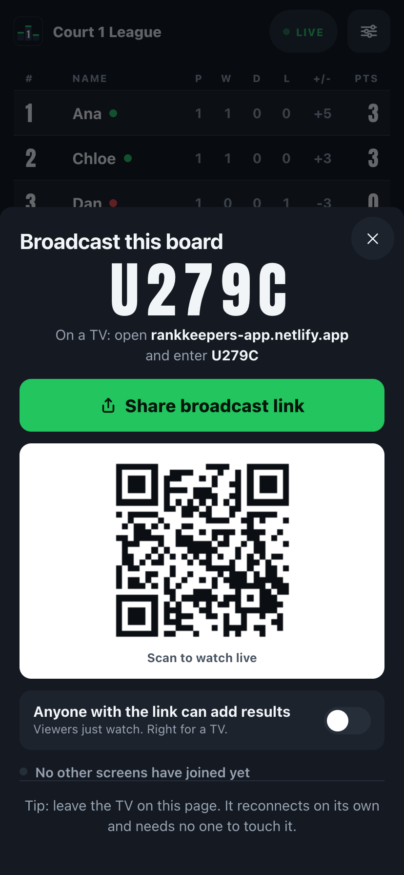 RankKeepers broadcast sheet with a link, QR code and 5-letter code