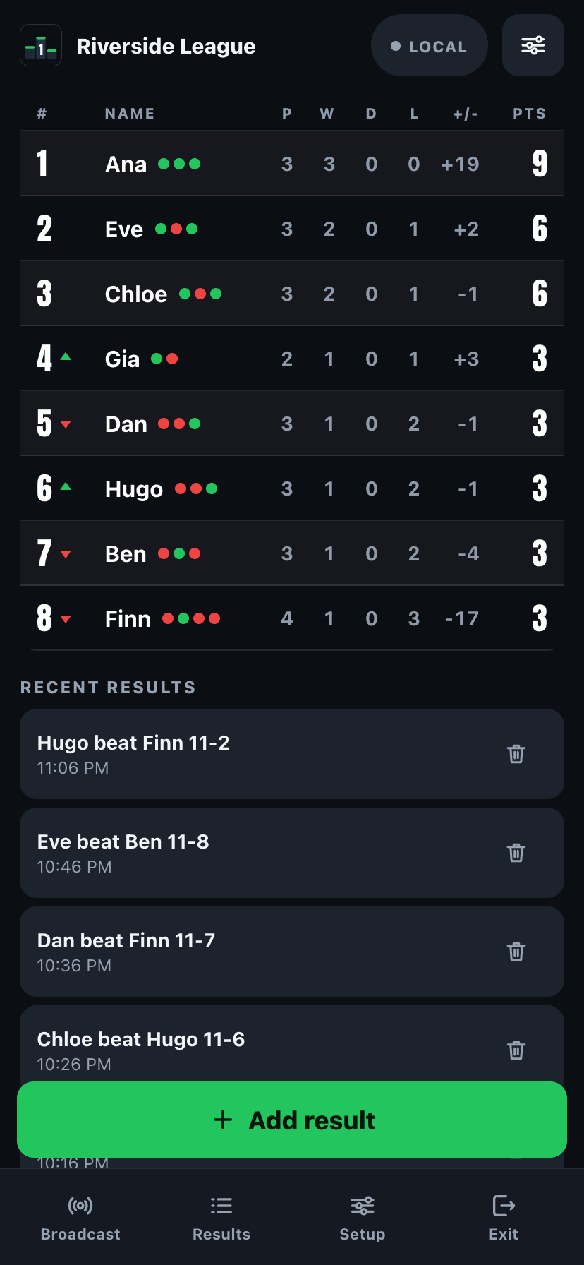 RankKeepers board screen showing a live league table on a phone