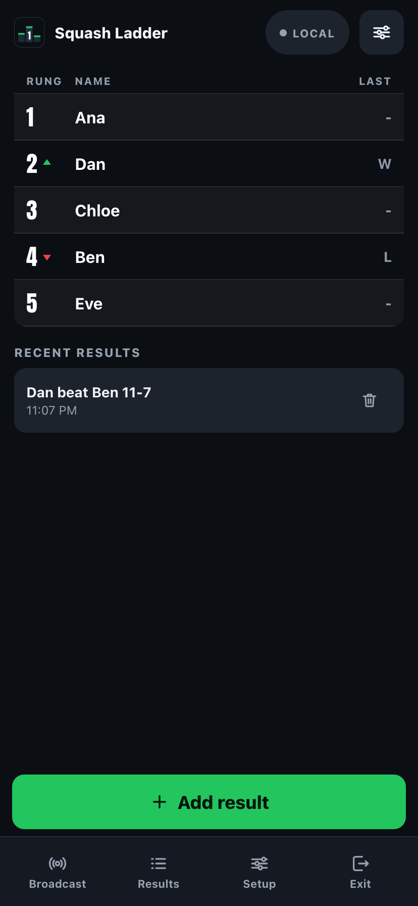 RankKeepers ladder mode showing challenge results and movement arrows
