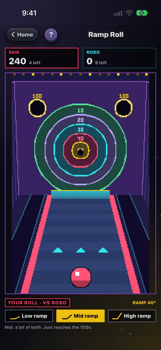 Ramp Roll in RoadPlay, a ball launched up a lane toward a board of scoring rings