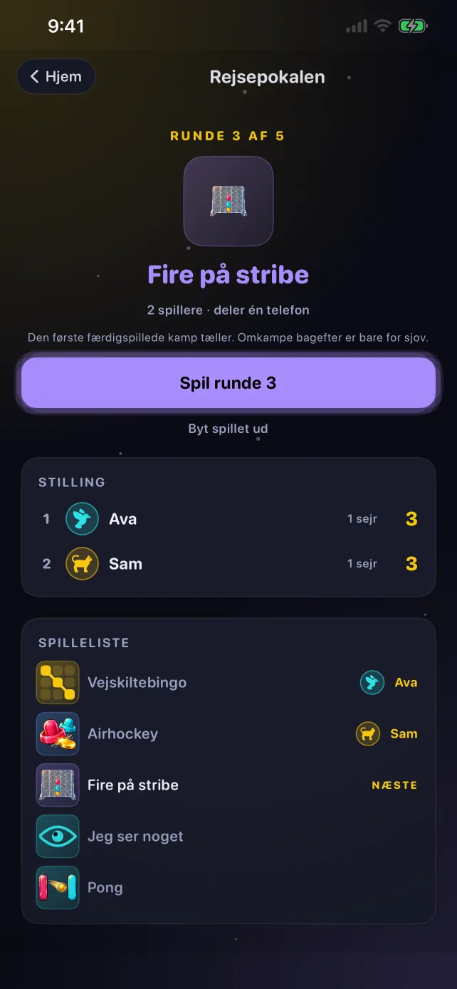 Rejsepokalens skærm i RoadPlay med runden, stillingen og spillelisten