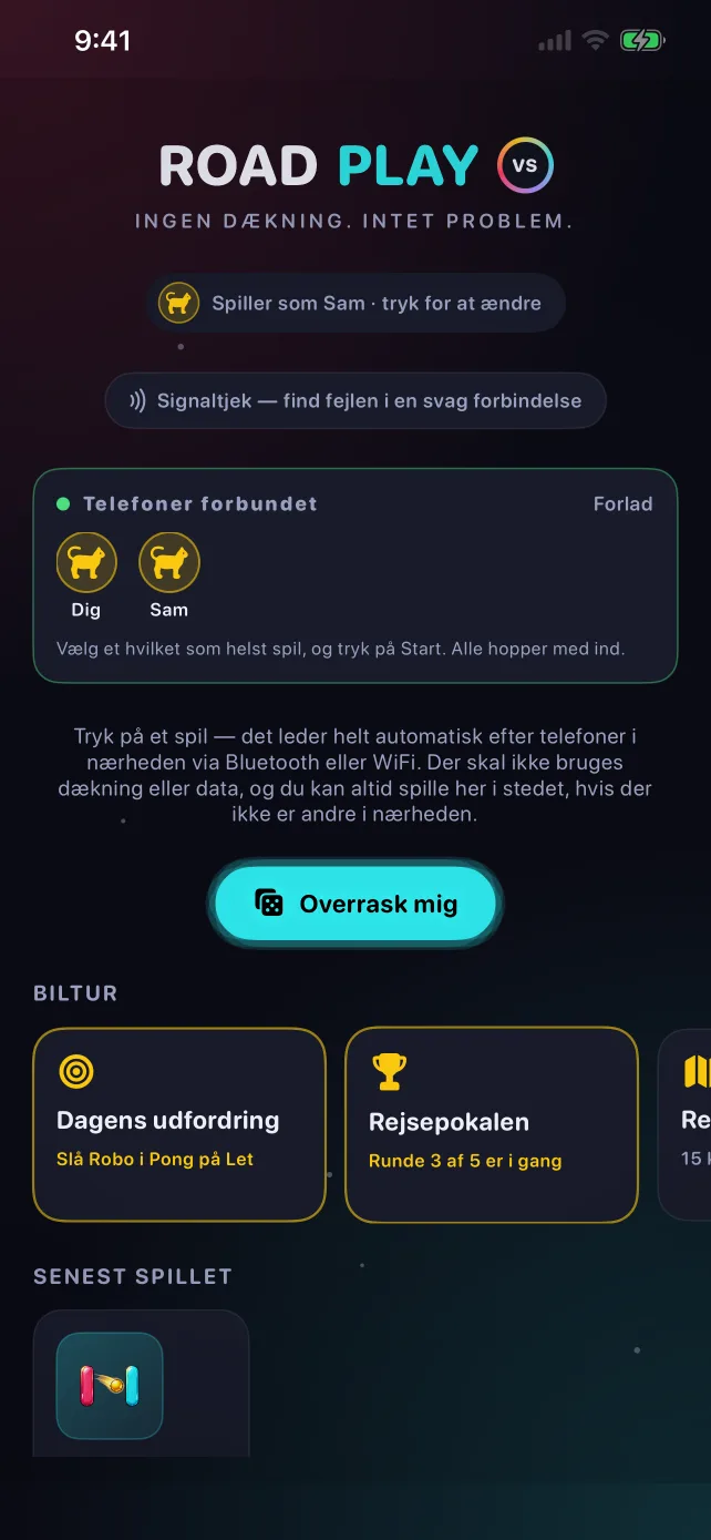 RoadPlays startskærm med to forbundne telefoner, dagens udfordring og Rejsepokalen
