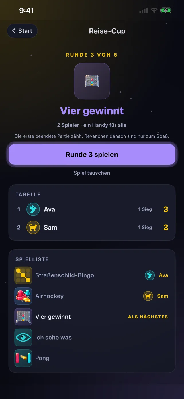 Der Reise-Cup-Bildschirm in RoadPlay mit Runde, Punktetafel und Spielliste