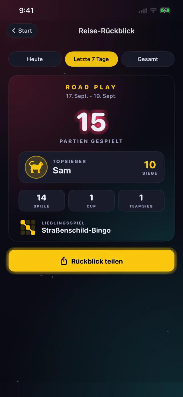 Eine RoadPlay-Rückblickkarte mit Partien, Topsieger und Lieblingsspiel
