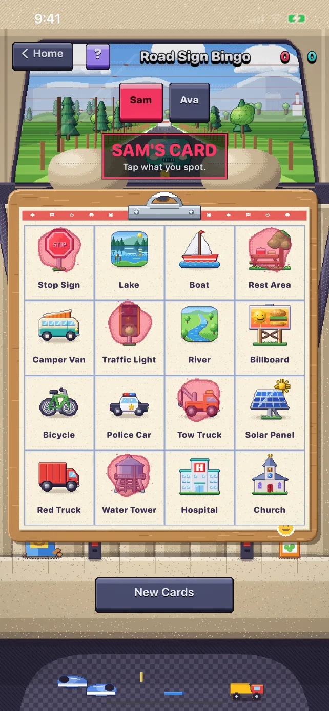 Karta Silničního bingo v RoadPlay s označenými zahlédnutými políčky