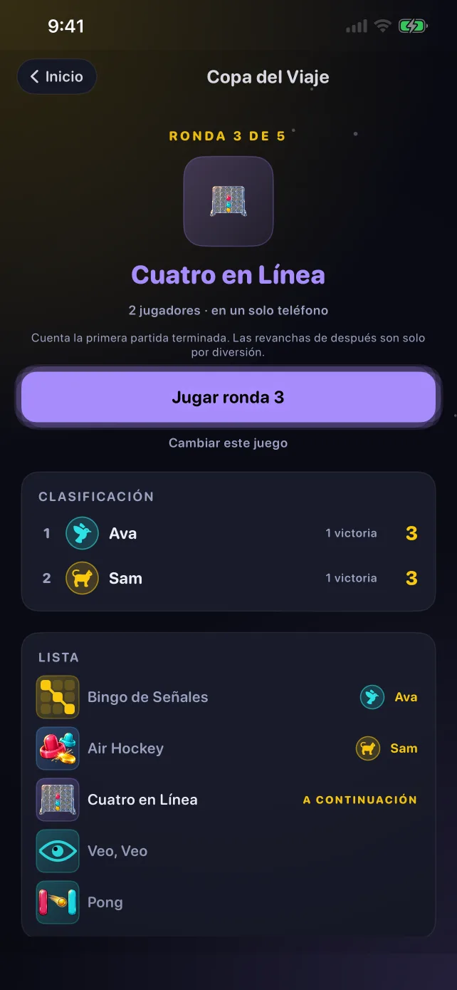 La pantalla de la Copa del Viaje en RoadPlay con la ronda, las posiciones y la lista de juegos