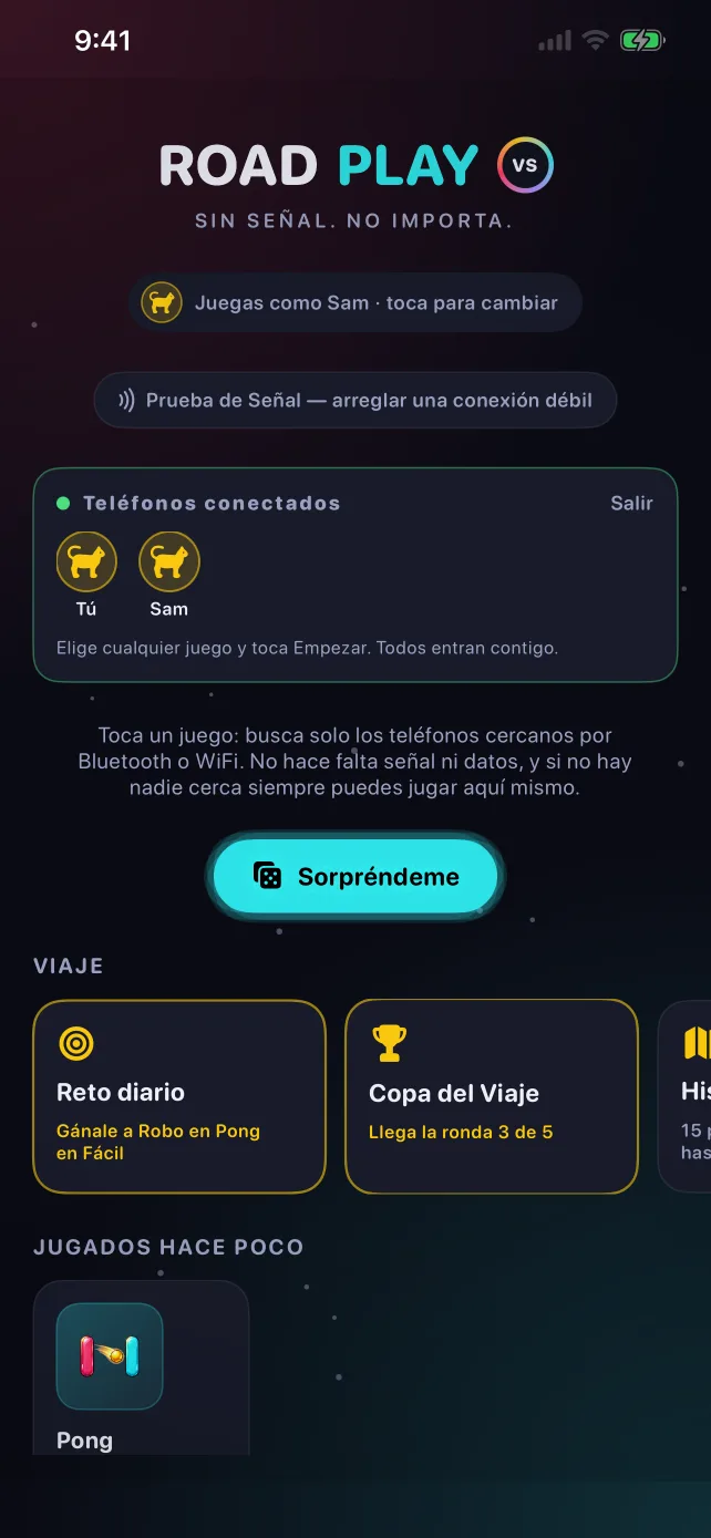 Pantalla de inicio de RoadPlay con dos teléfonos conectados, el reto diario y la Copa del Viaje