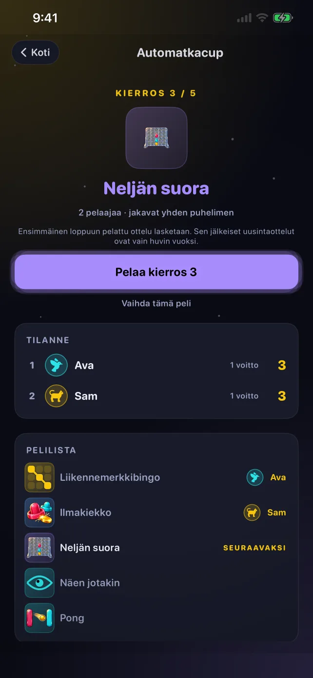 Automatkacup-näkymä RoadPlayssä: kierros, tilanne ja soittolista