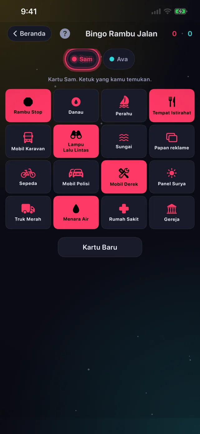 Kartu Bingo Rambu Jalan di RoadPlay dengan kotak yang sudah ditemukan