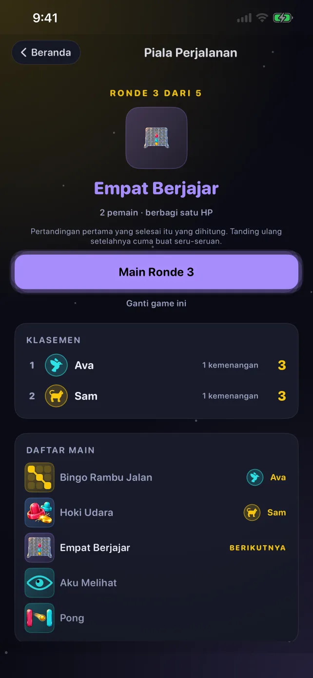 Layar Piala Perjalanan di RoadPlay yang menampilkan ronde, klasemen, dan daftar main