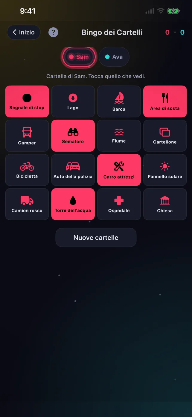 Una cartella di Bingo dei Cartelli in RoadPlay con le caselle avvistate segnate