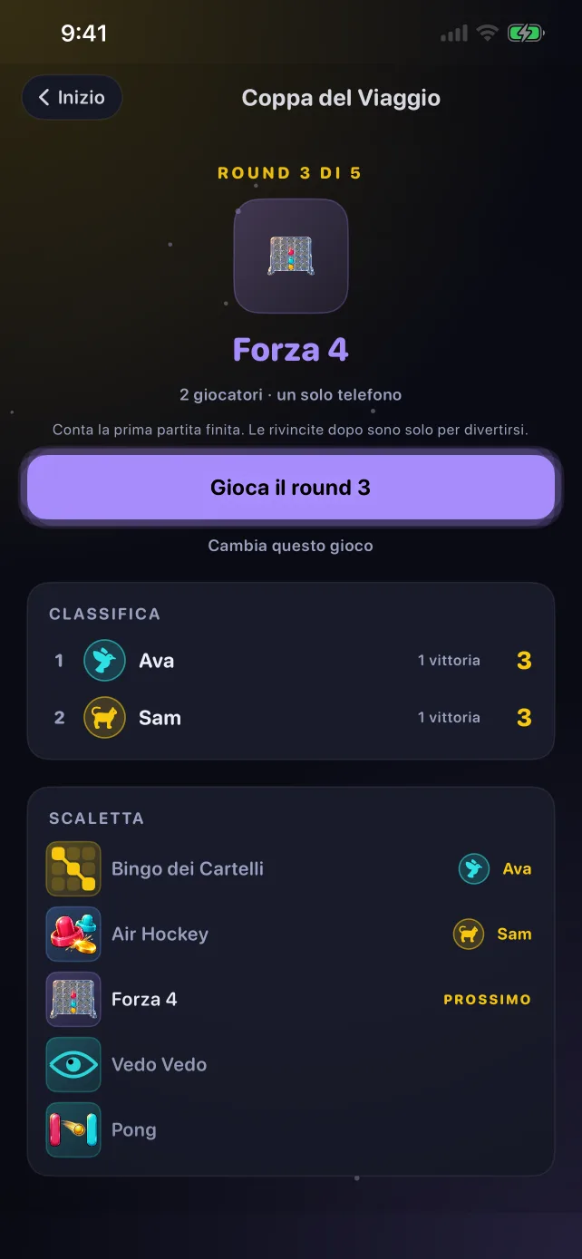 La schermata della Coppa del Viaggio in RoadPlay con il turno, la classifica e la scaletta