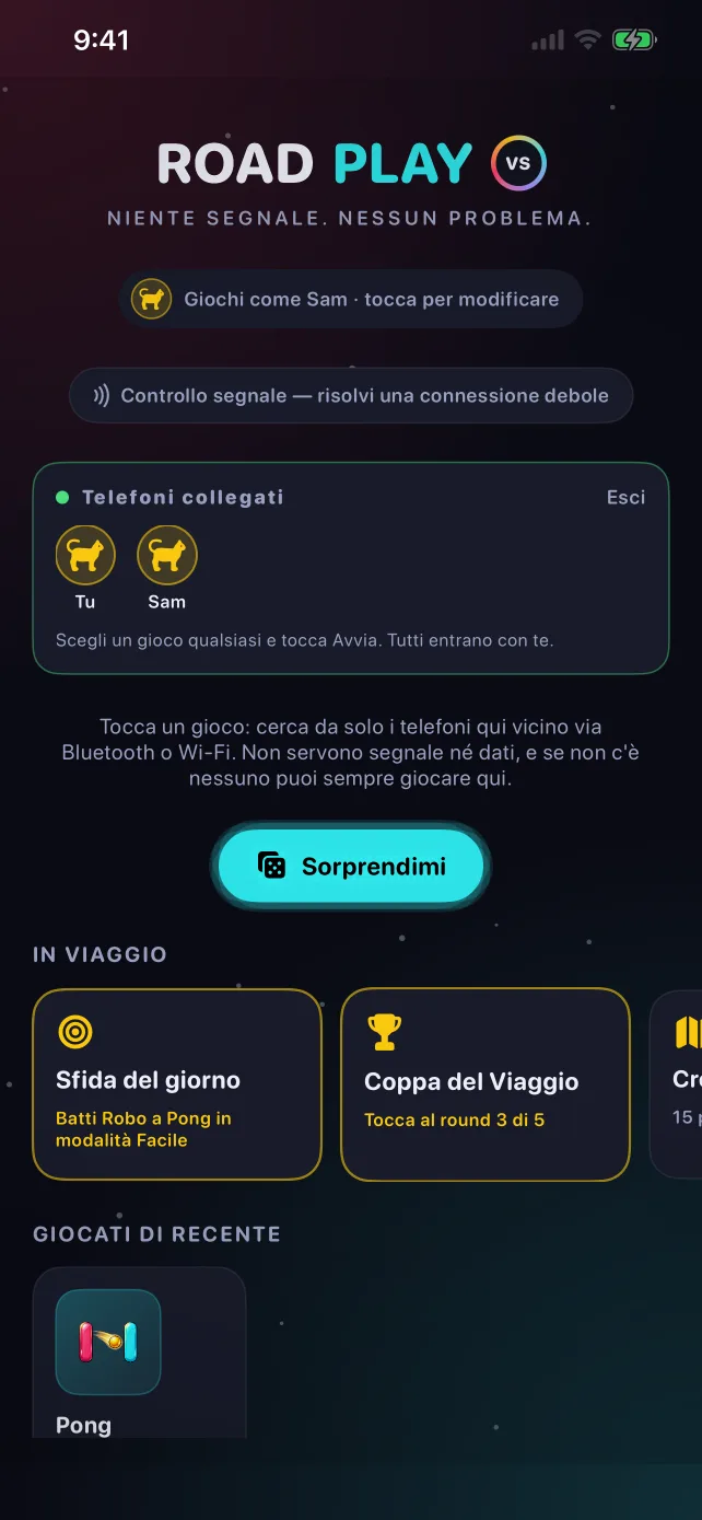 La schermata principale di RoadPlay con due telefoni collegati, la sfida del giorno e la Coppa del Viaggio