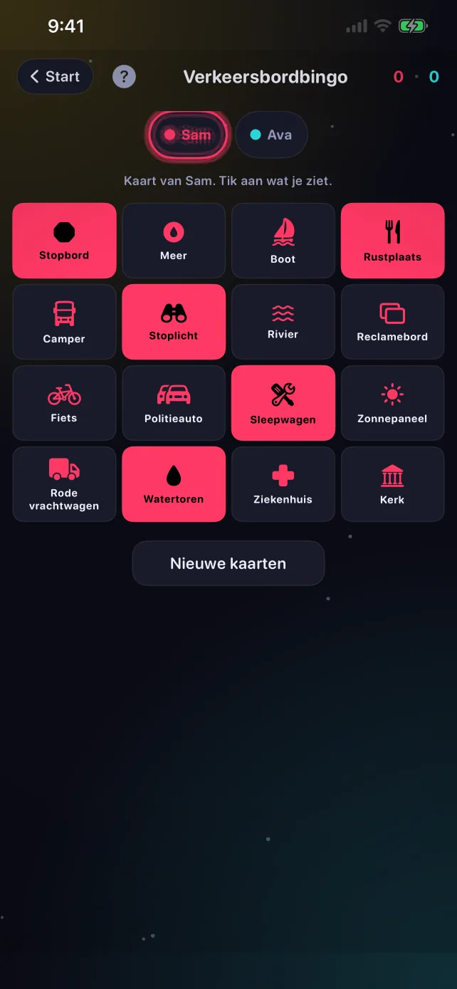 Een kaart van Verkeersbordbingo in RoadPlay met aangekruiste vakjes