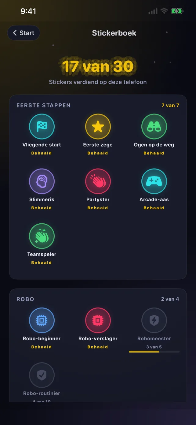Het RoadPlay-stickerboek met verdiende stickers