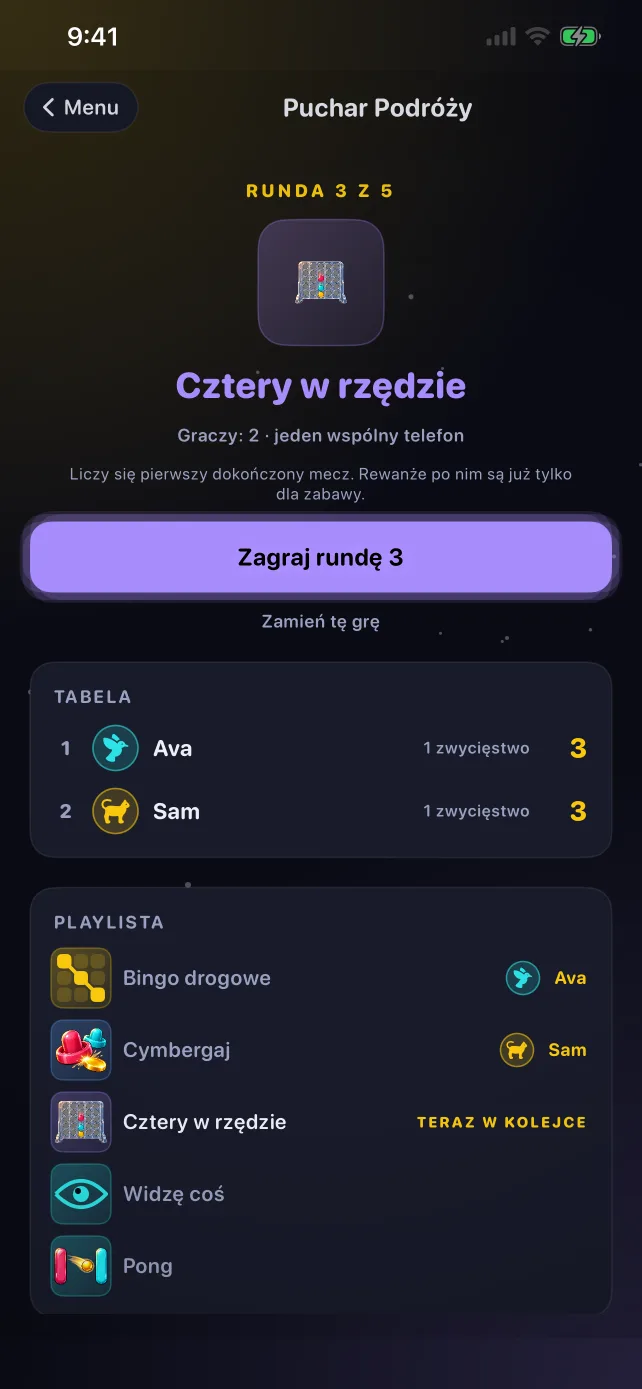 Ekran Pucharu Podróży w RoadPlay z rundą, tabelą wyników i listą gier