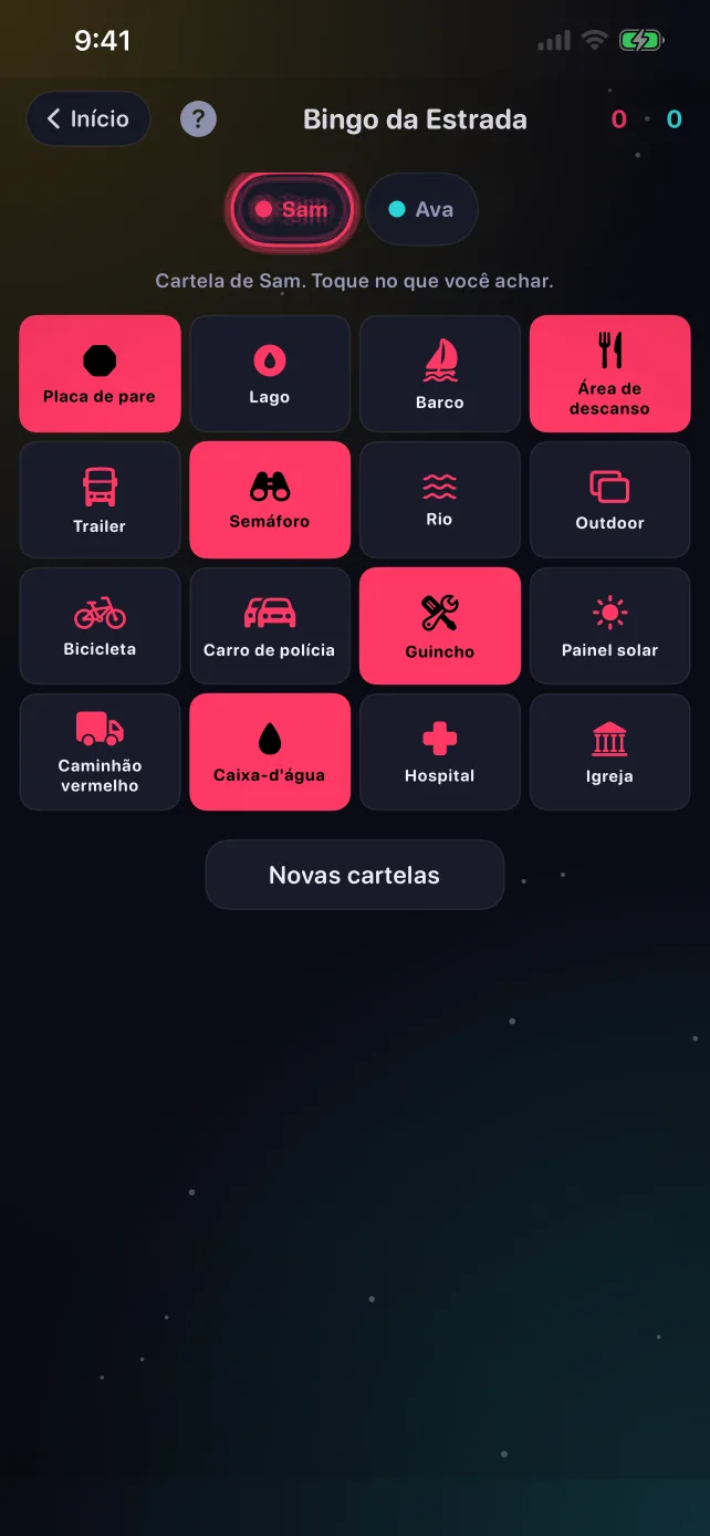 Uma cartela do Bingo da Estrada no RoadPlay com os quadradinhos achados marcados