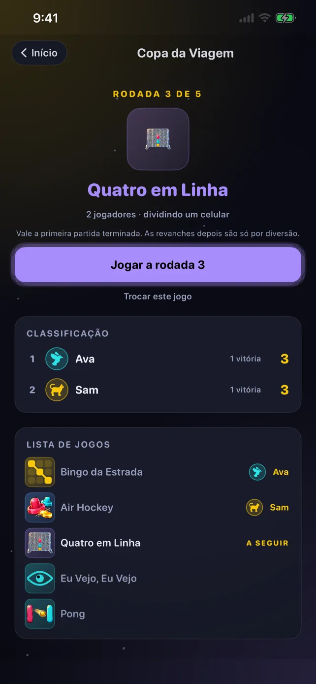A tela da Copa da Viagem no RoadPlay com a rodada, a classificação e a lista de jogos