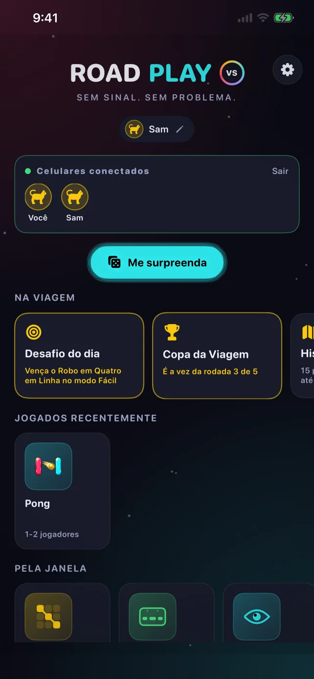 Tela inicial do RoadPlay com dois celulares conectados, o desafio do dia e a Copa da Viagem