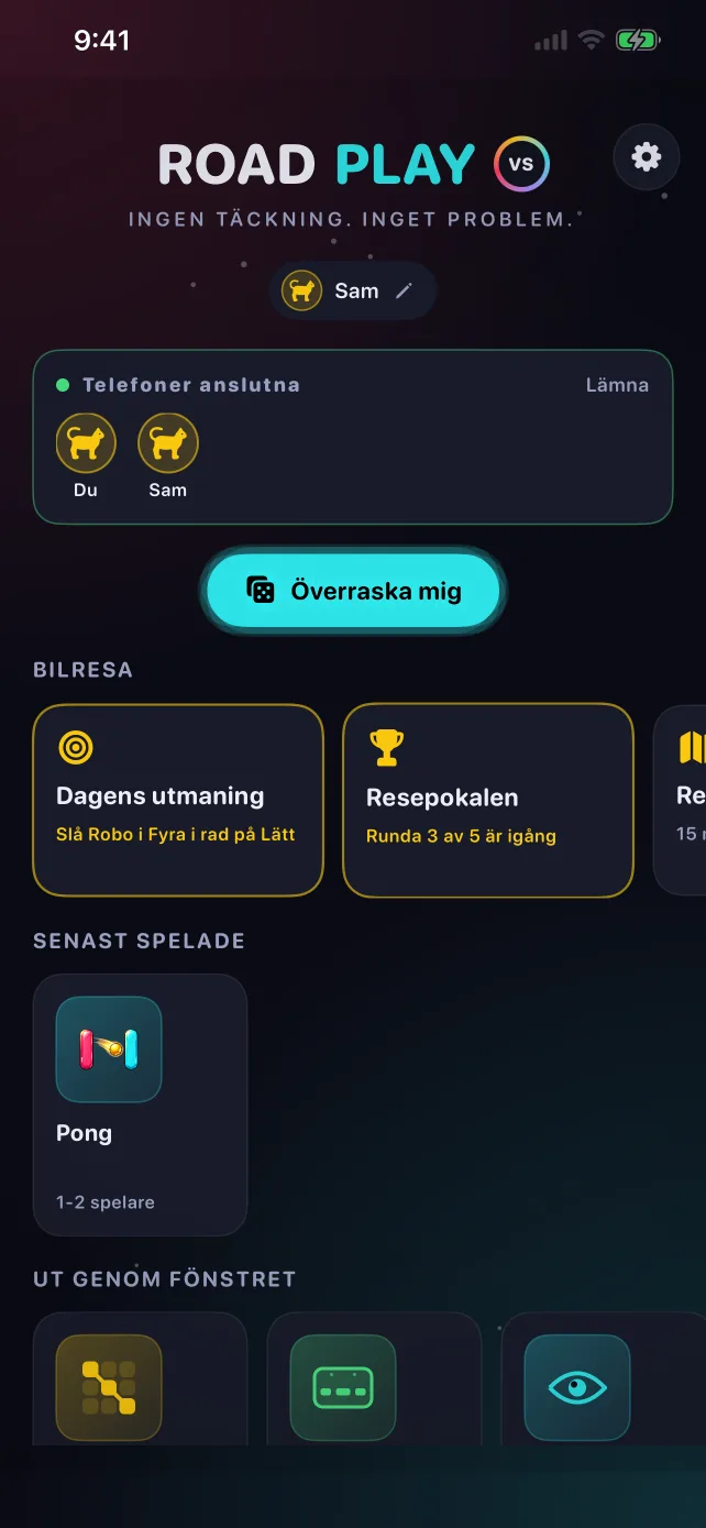 RoadPlays startskärm med två anslutna telefoner, dagens utmaning och Resepokalen
