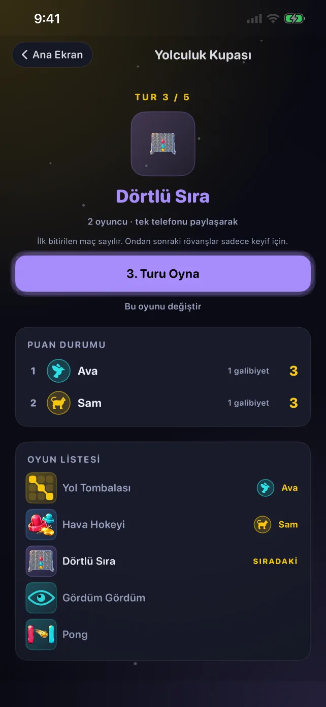 RoadPlay'deki Yolculuk Kupası ekranı: tur, puan durumu ve oyun listesi