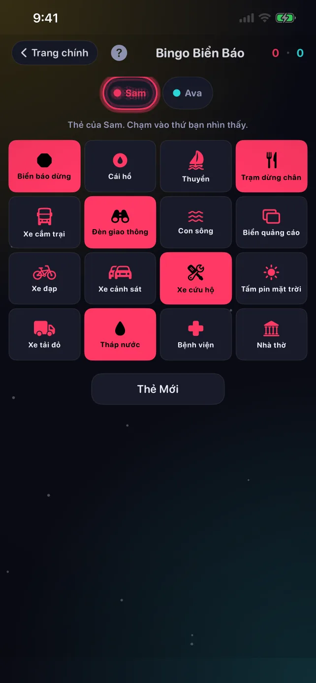 Một phiếu Bingo Biển Báo trong RoadPlay với các ô đã tìm thấy được đánh dấu