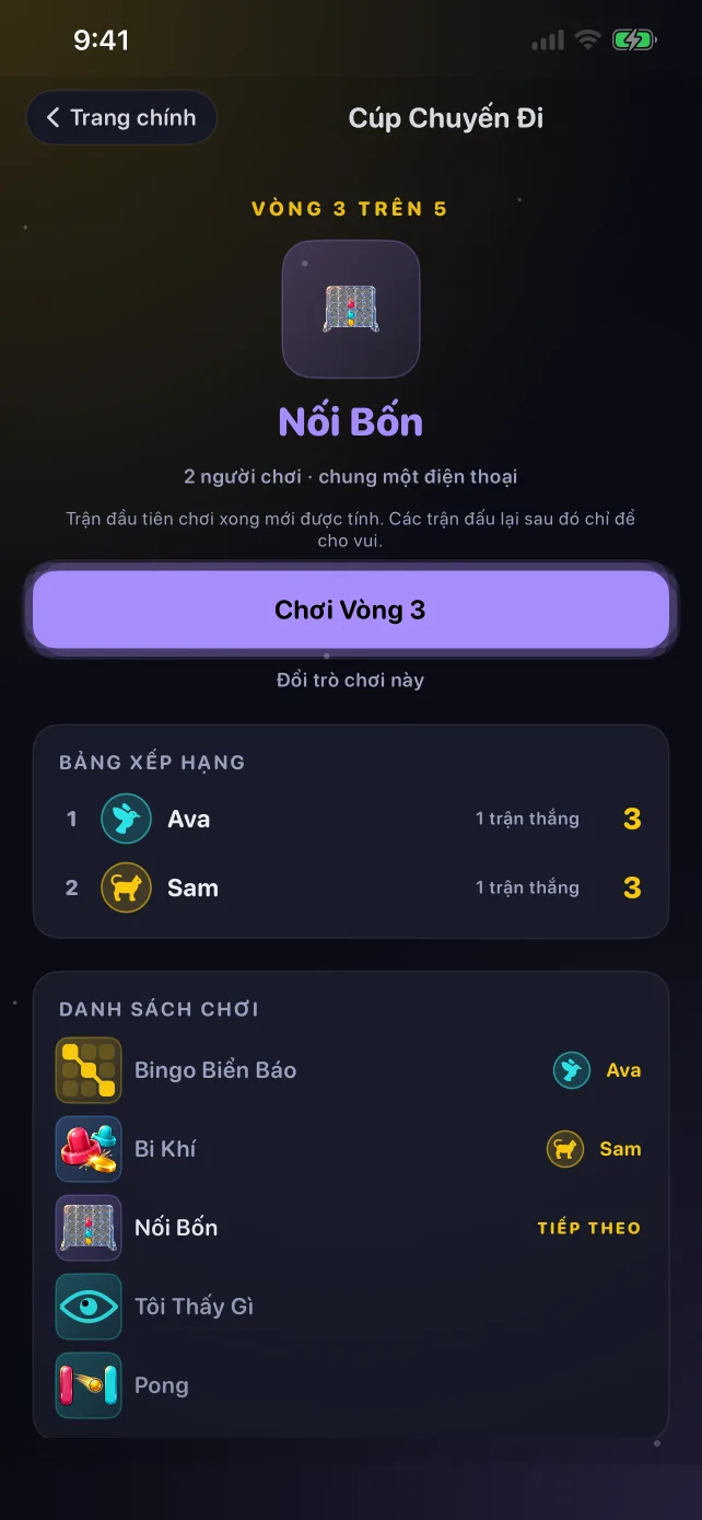 Màn hình Cúp Chuyến Đi trong RoadPlay hiển thị vòng đấu, bảng xếp hạng và danh sách chơi