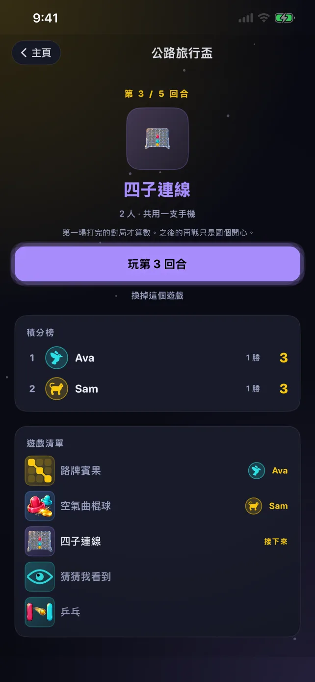 RoadPlay 的公路旅行盃畫面，顯示著回合、排名和遊戲清單