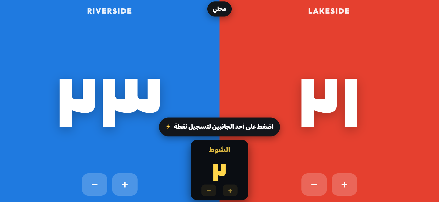 ScoreKeepers في وضع الدكة الأفقي، Riverside 23، Lakeside 21، مع مربع مركزي أصفر يعرض الشوط 2