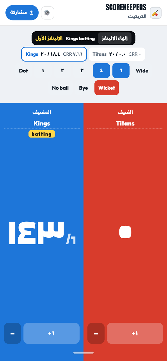 لوحة ScoreKeepers للكريكيت بالجري والويكتات والأوفرات ومعدل الجري