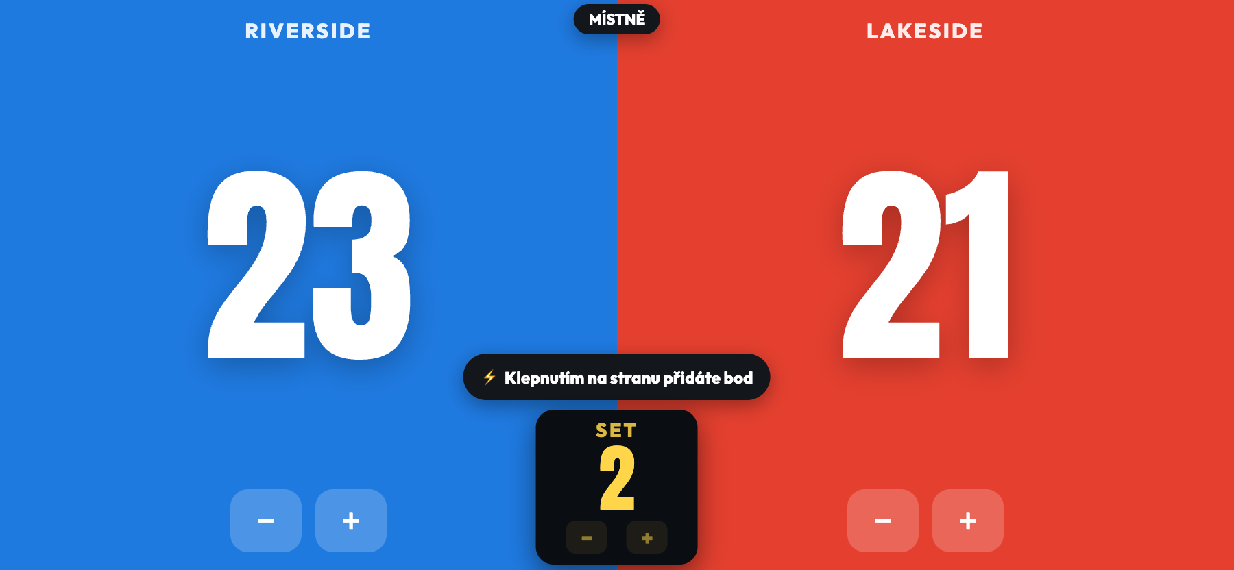 ScoreKeepers v režimu lavičky na šířku, Riverside 23, Lakeside 21, se žlutým centrálním polem s nápisem SET 2
