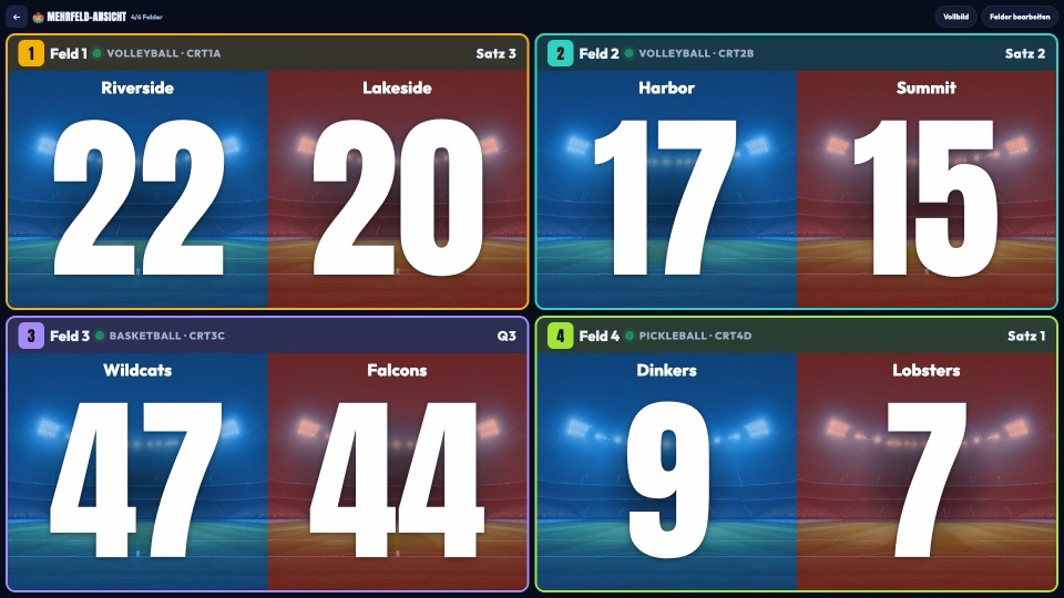 Vier Felder im Skin Arena über einem Stadionfoto