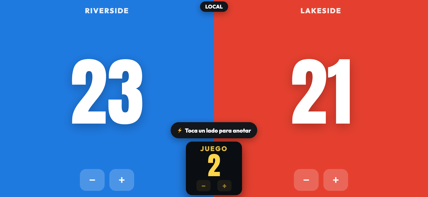 ScoreKeepers en modo banquillo horizontal, Riverside 23, Lakeside 21, con una casilla central amarilla que muestra JUEGO 2