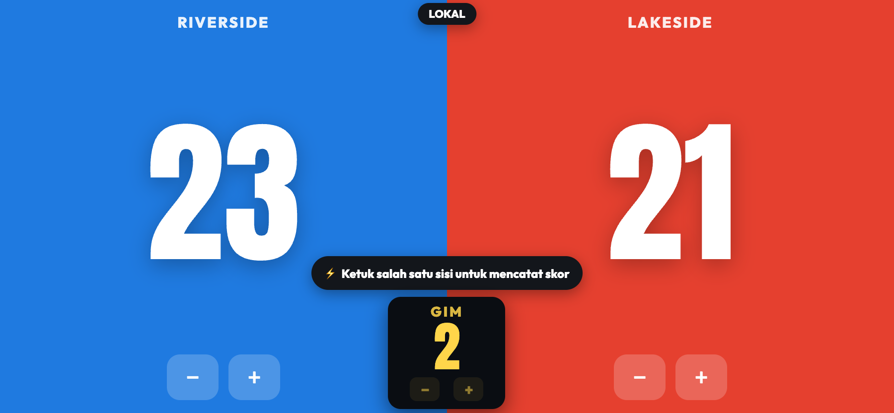 ScoreKeepers dalam mode bangku mendatar, Riverside 23, Lakeside 21, dengan kotak tengah kuning bertuliskan GIM 2