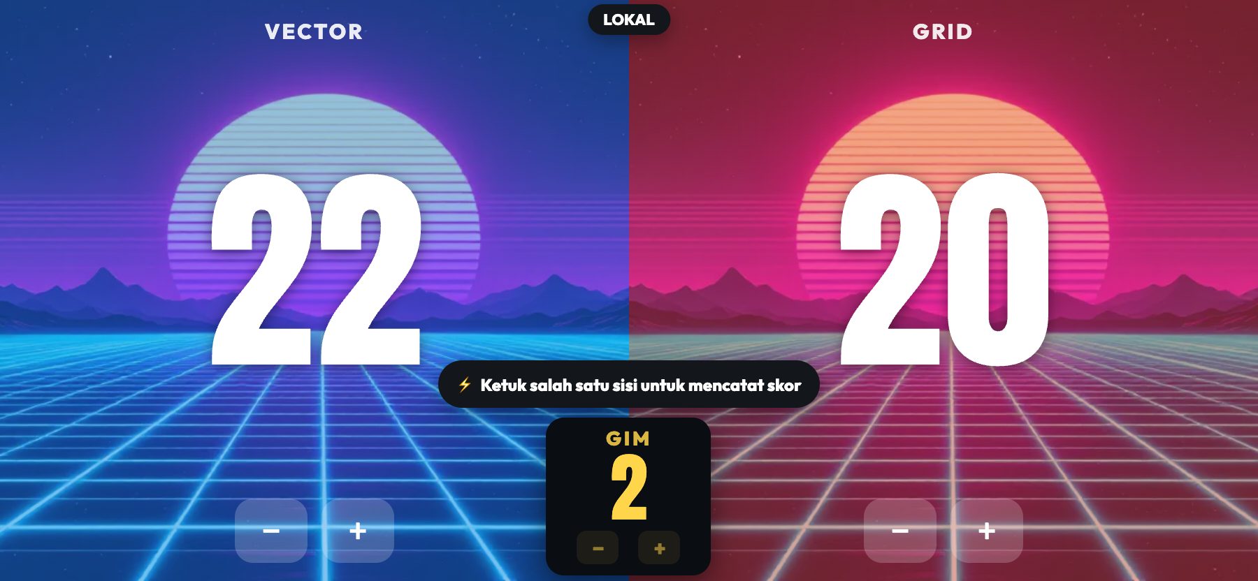 Gaya Synthwave, grid neon retro, ScoreKeepers Pro