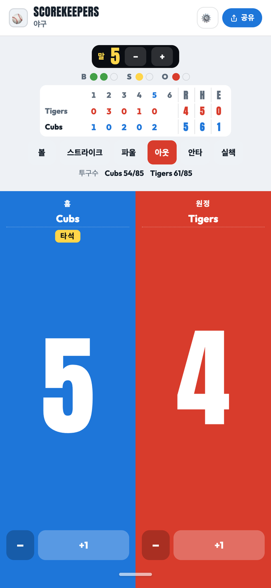 볼, 스트라이크, 아웃, 이닝별 스코어가 표시된 ScoreKeepers 야구 보드