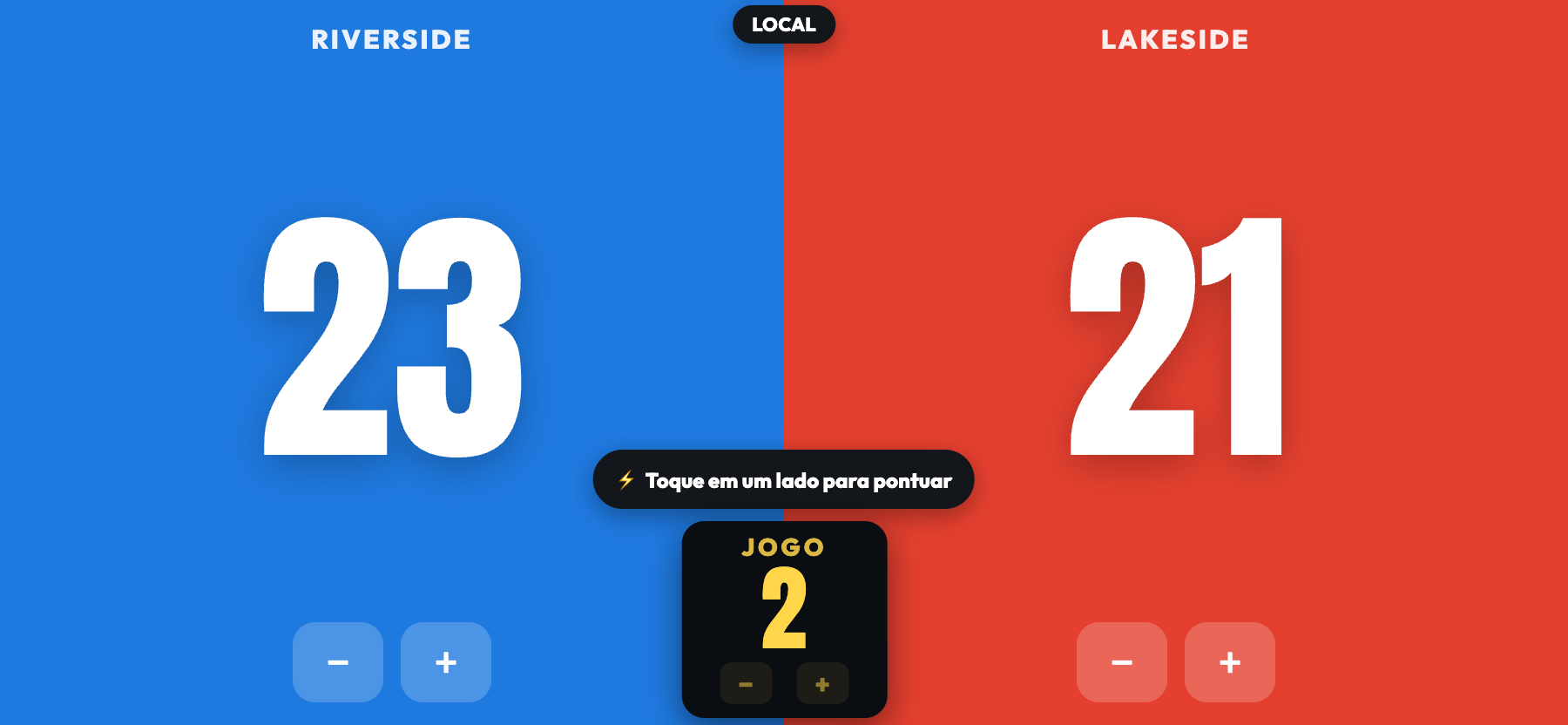 ScoreKeepers no modo banco horizontal, Riverside 23, Lakeside 21, com uma caixa central amarela mostrando JOGO 2