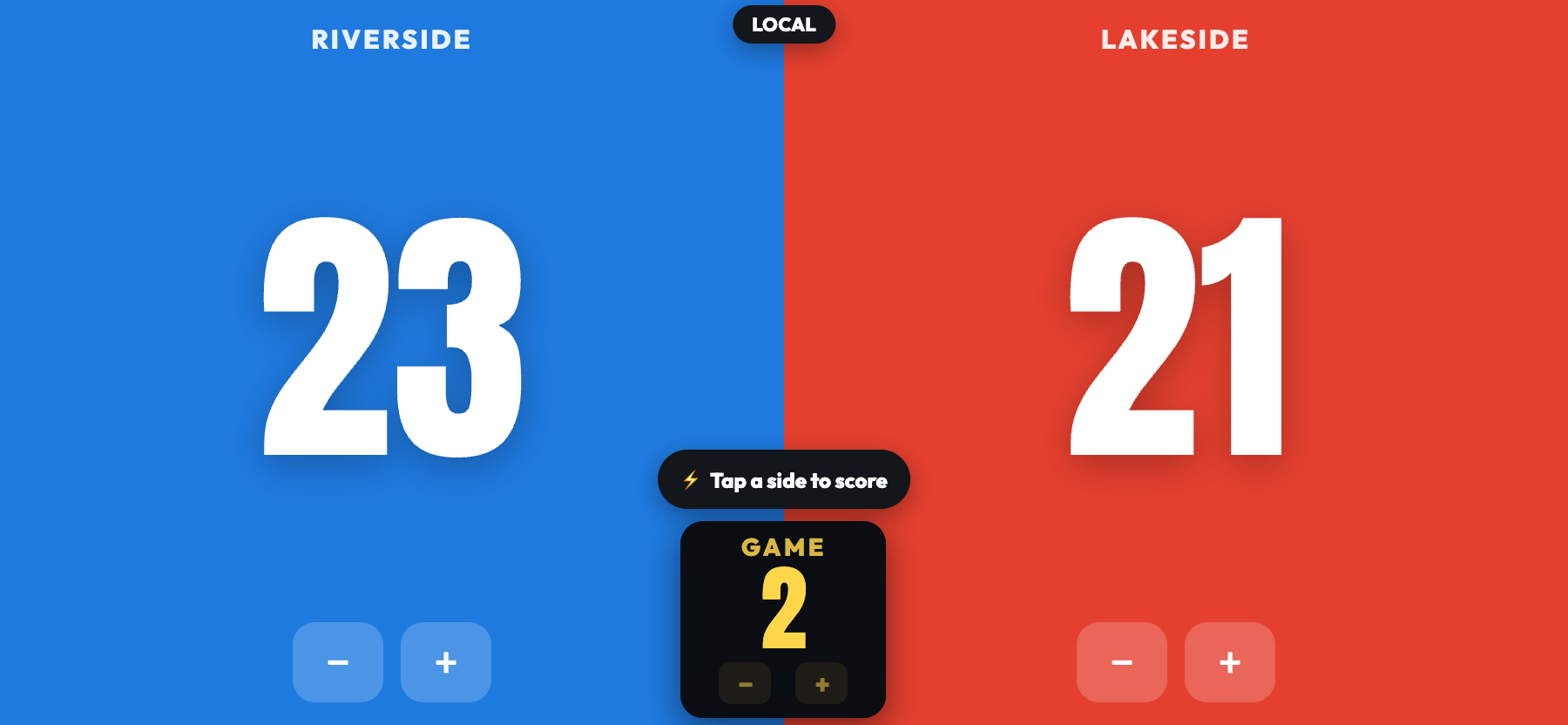 ScoreKeepers in landscape bench mode, Riverside 23, Lakeside 21, with a yellow centre box reading GAME 2