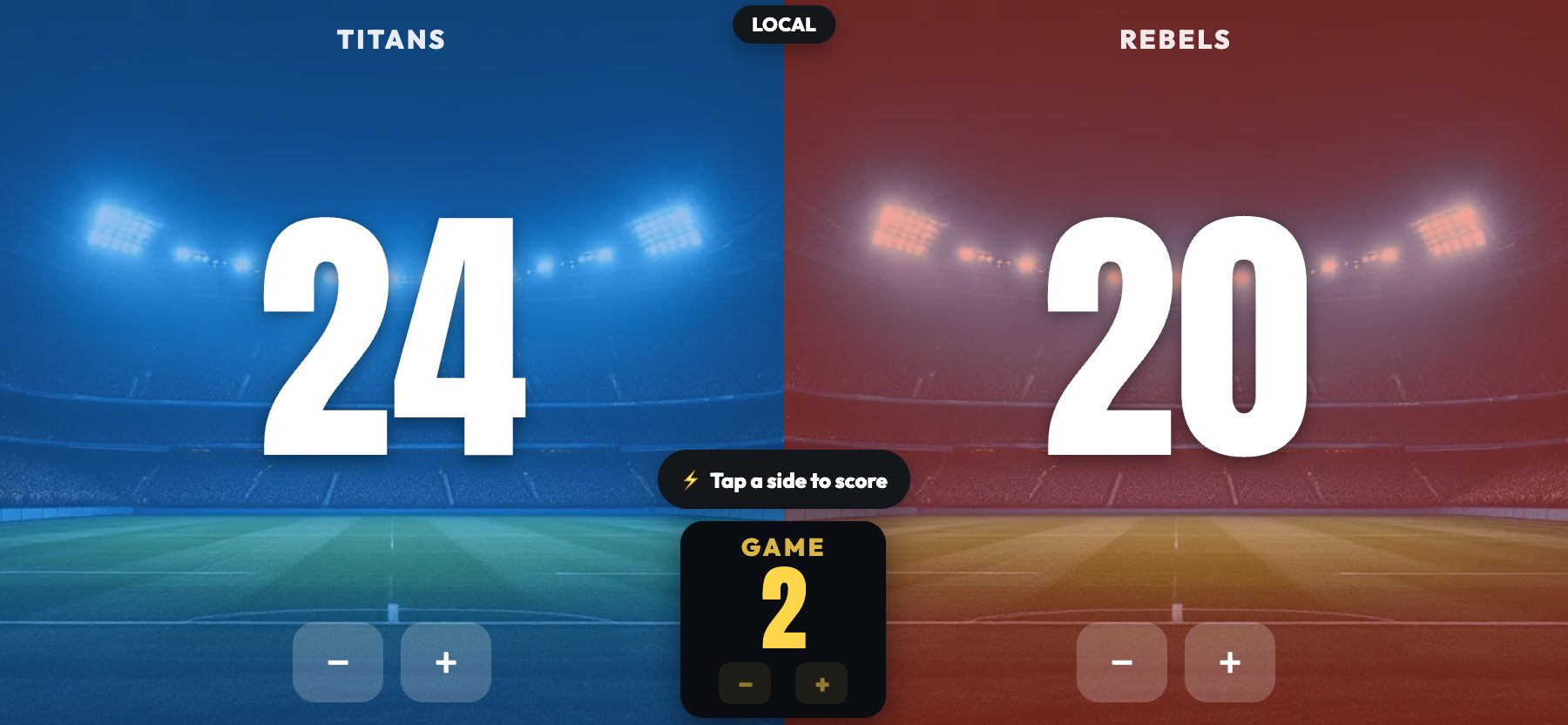 Stadium style, floodlit turf, ScoreKeepers Pro