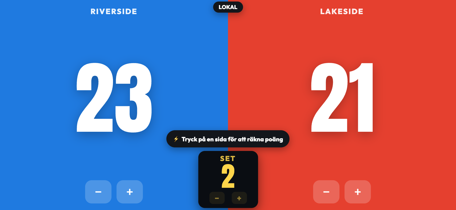 ScoreKeepers i liggande bänkläge, Riverside 23, Lakeside 21, med en gul mittruta som visar SET 2