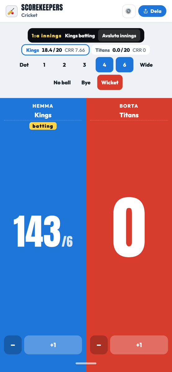 ScoreKeepers cricketresultattavla med runs, wickets, overs och run rate