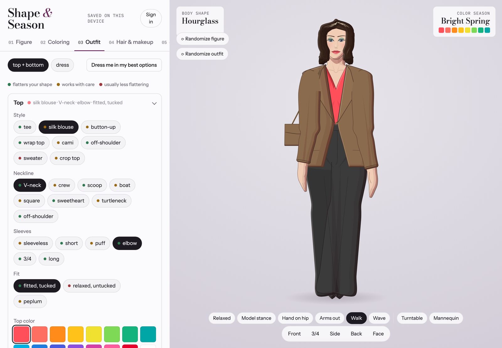 A figure walking in a silk blouse, wide-leg trousers and a brown blazer, with top styles rated for an hourglass shape