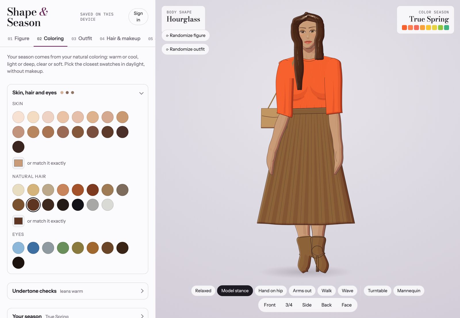 The Coloring tab with skin, hair and eye swatches beside a figure in an orange sweater and pleated brown skirt
