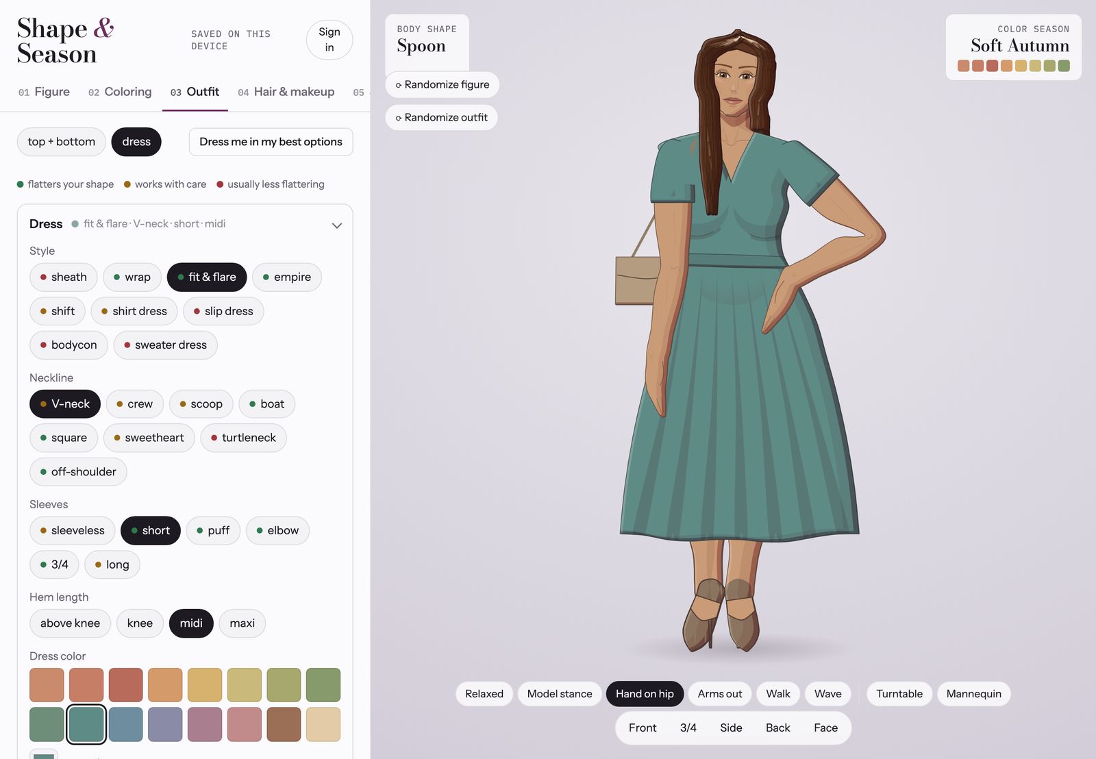 Shape and Season in a browser: a figure with a spoon shape and Soft Autumn coloring in a teal fit and flare dress, with dress styles rated for her shape