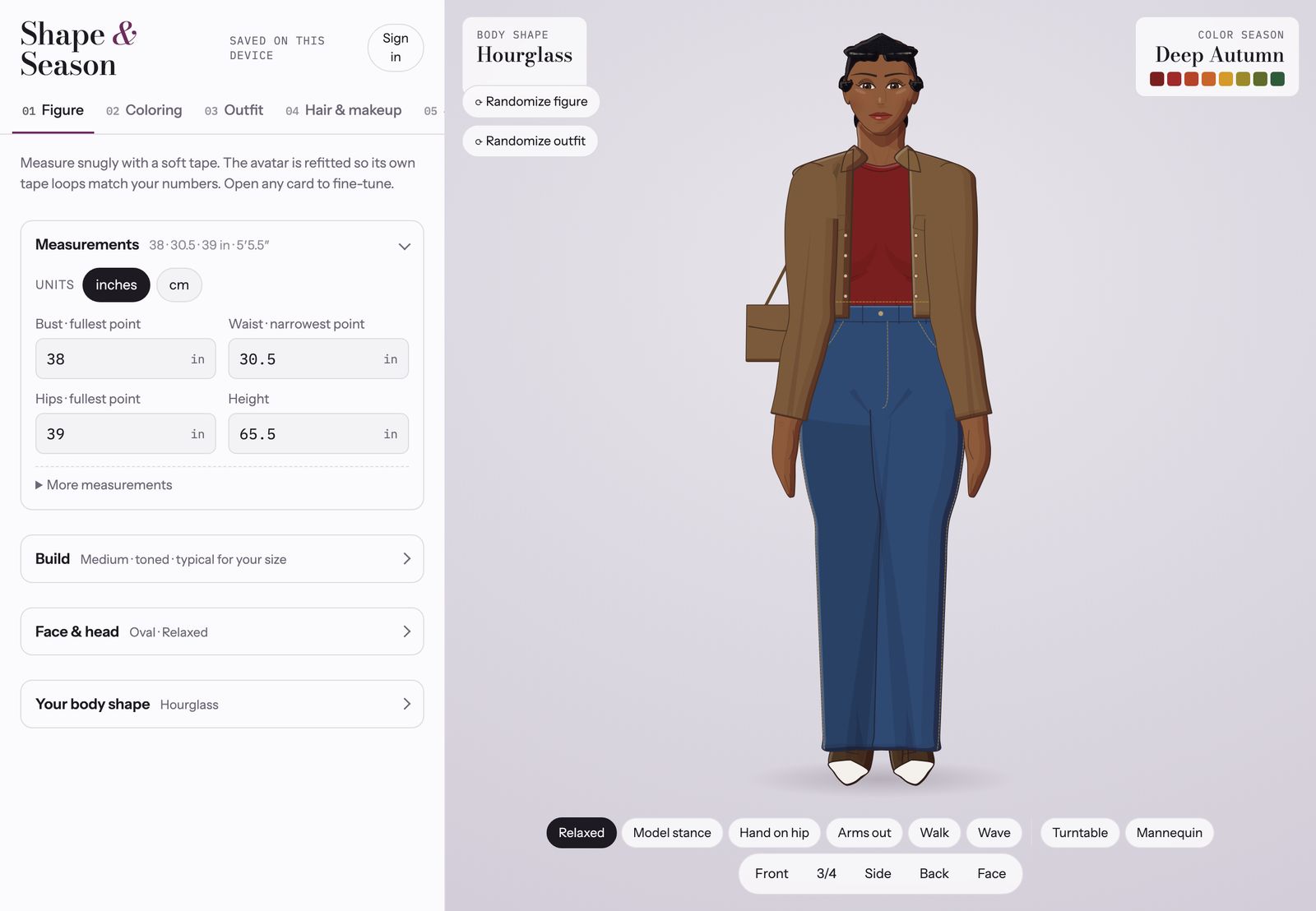 The Figure tab with measurement fields beside a figure in a crew tee, straight jeans and a denim jacket