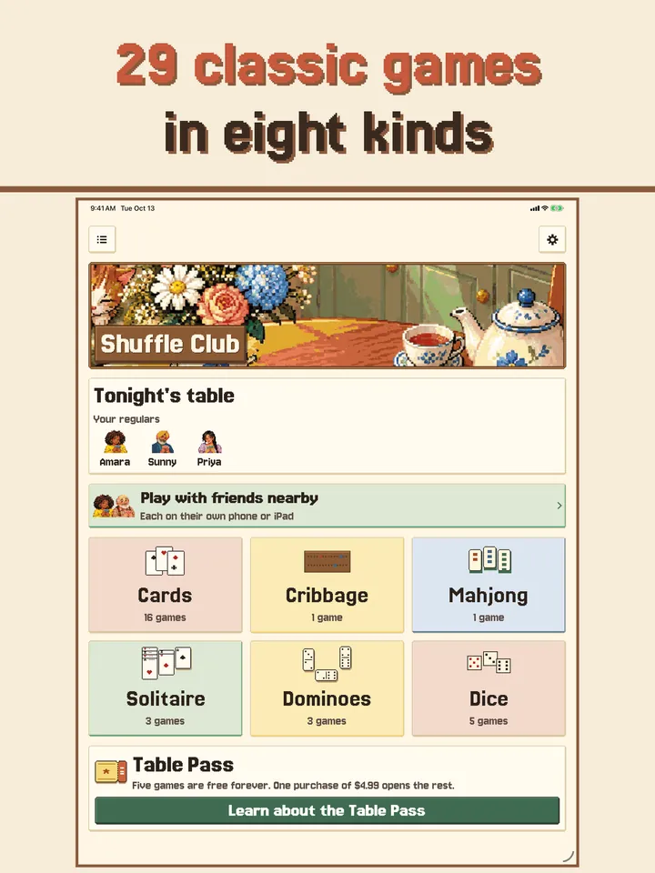 The Shuffle Club home screen, with games grouped by kind