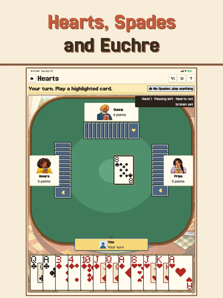 A game of Hearts at a green felt table with three companions