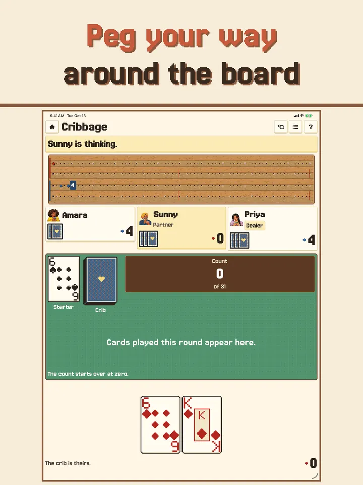 A Cribbage hand with the pegging board